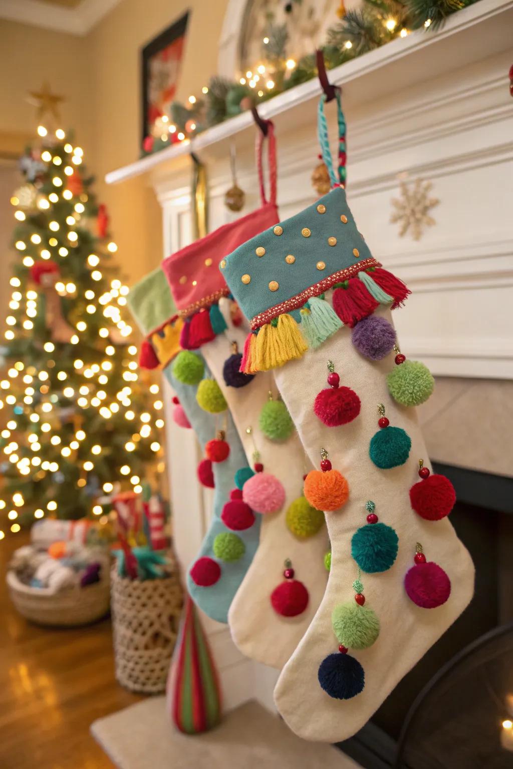 Pom-poms and tassels offer a playful and cheerful nuance to stockings.