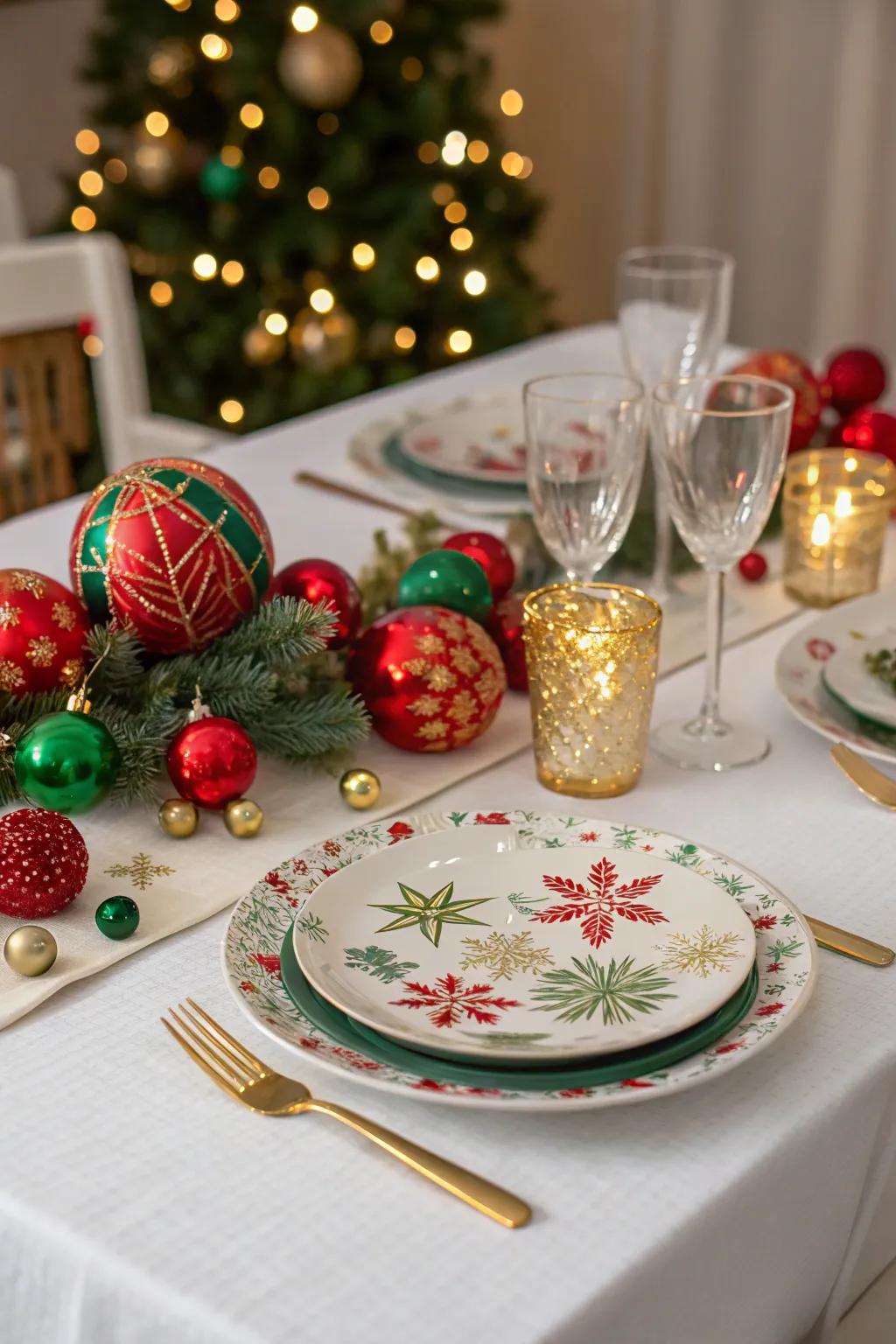 Baubles add color and whimsy to the festive table.