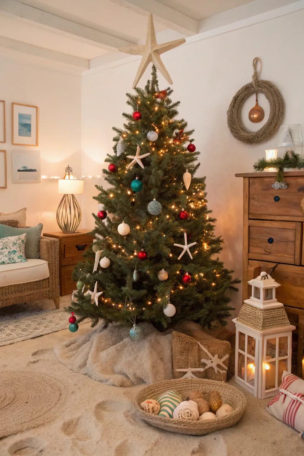 A rejuvenating Christmas tree showcasing seaside-themed ornaments and colored illuminations, evoking a seaside holiday sensation.