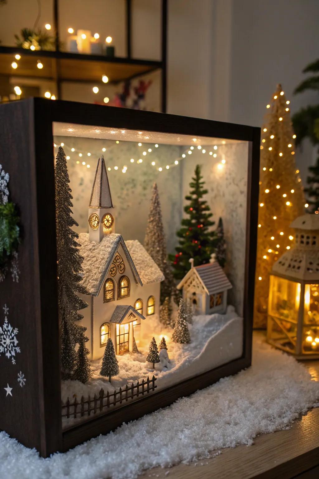 A shadow box transforms a Christmas village into a striking work of art.