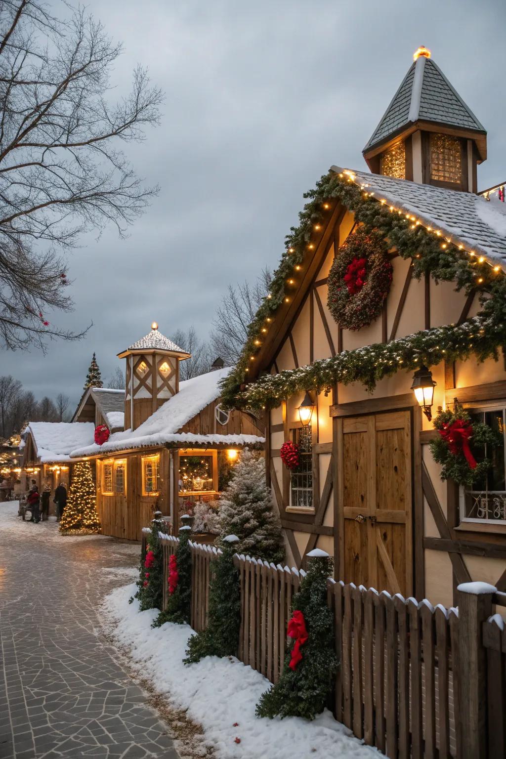 Holiday adornments enhance the village with festive spirit.