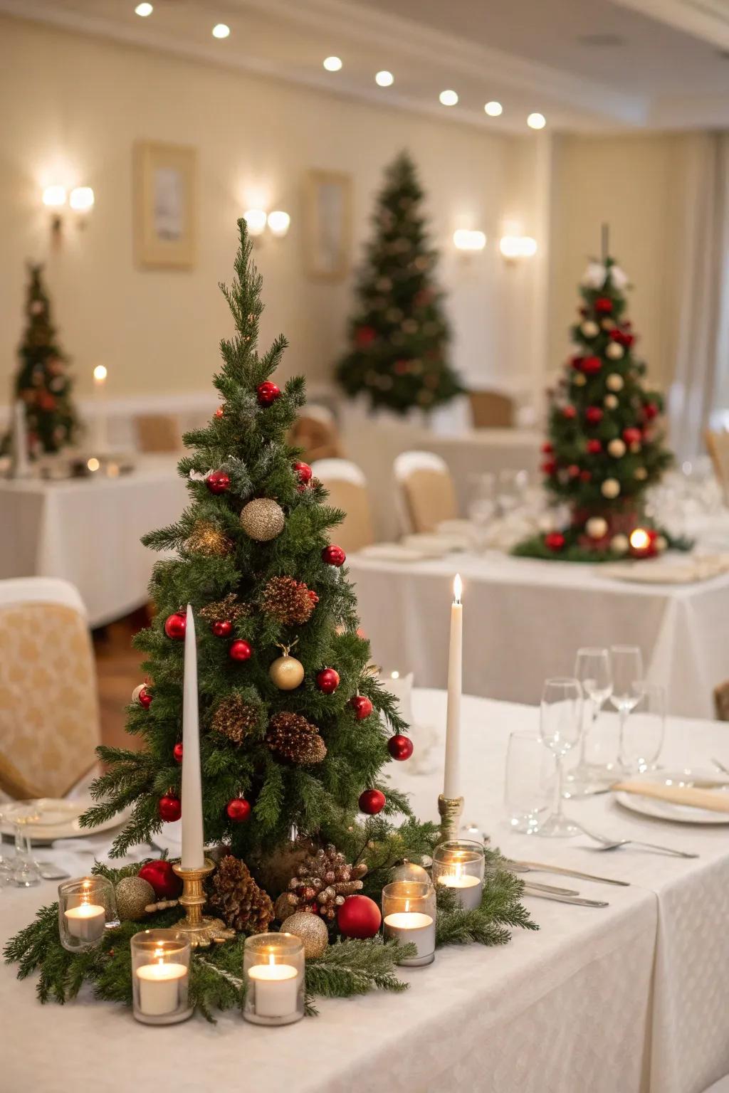Miniature trees add a playful holiday accent.