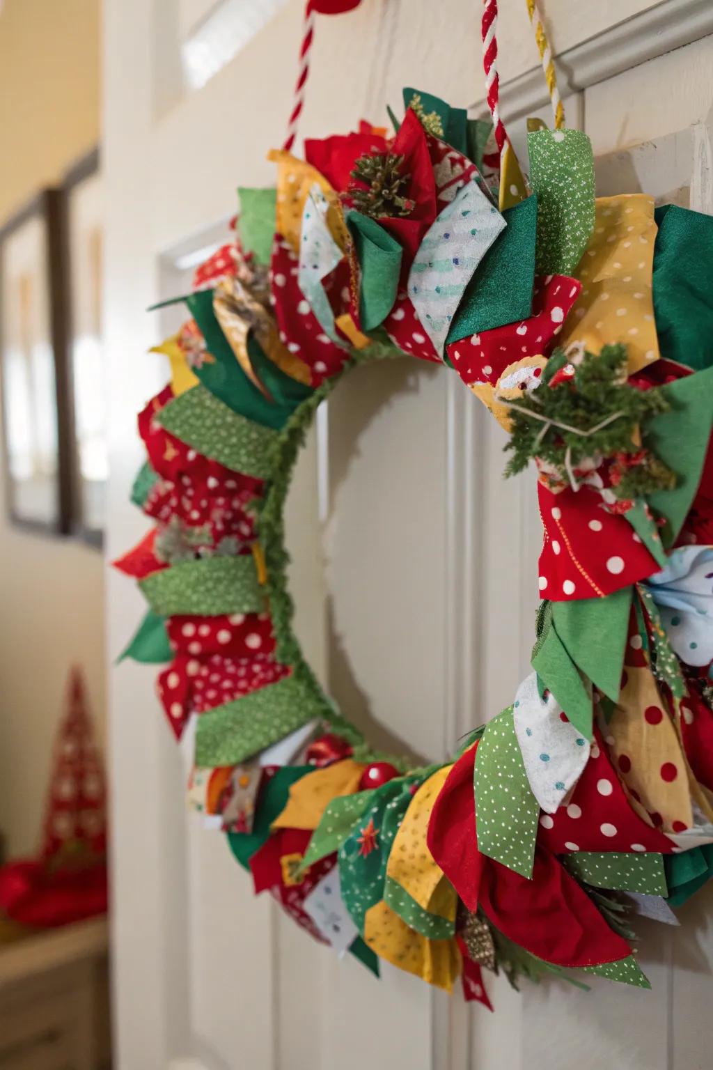 A handmade textile wreath crafted from an assortment of festive textiles.