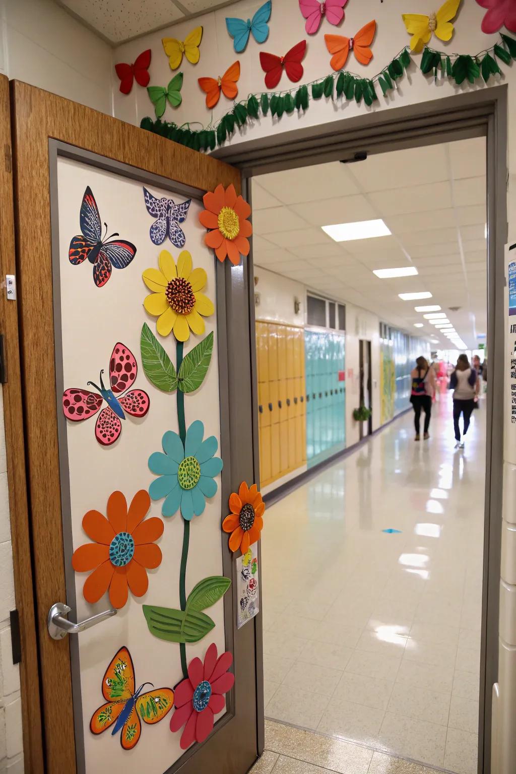 A lepidopteran-themed learning space doorway showcasing kaleidoscopic inflorescences.