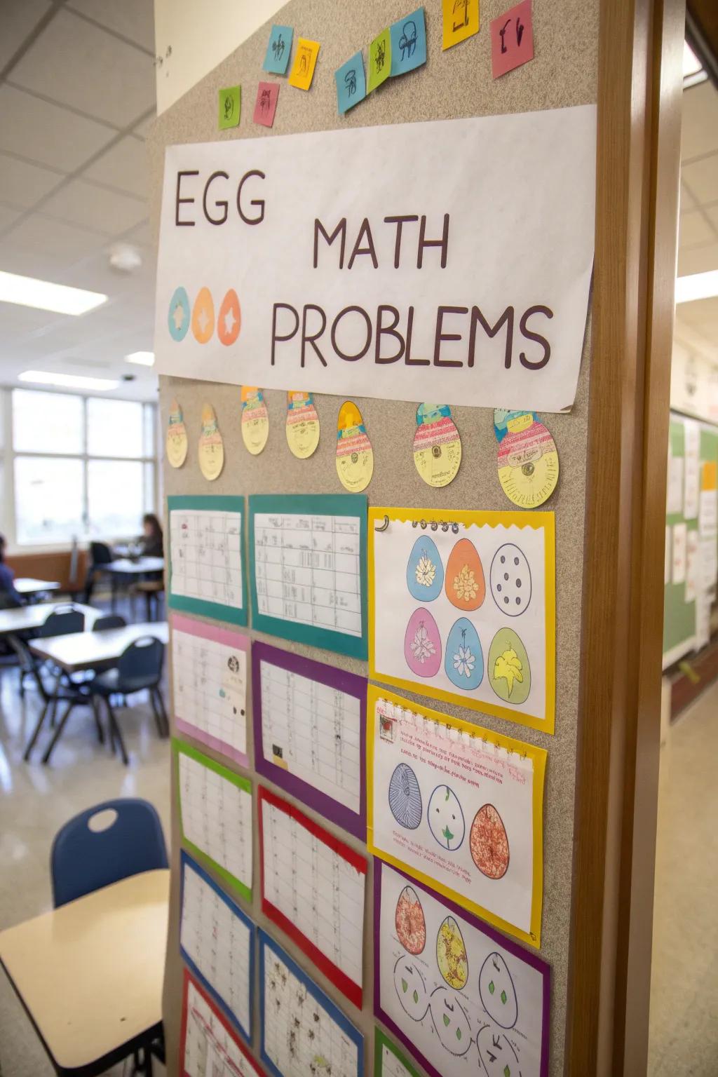 A learning led bulletin board featuring egg-centered math difficulties.