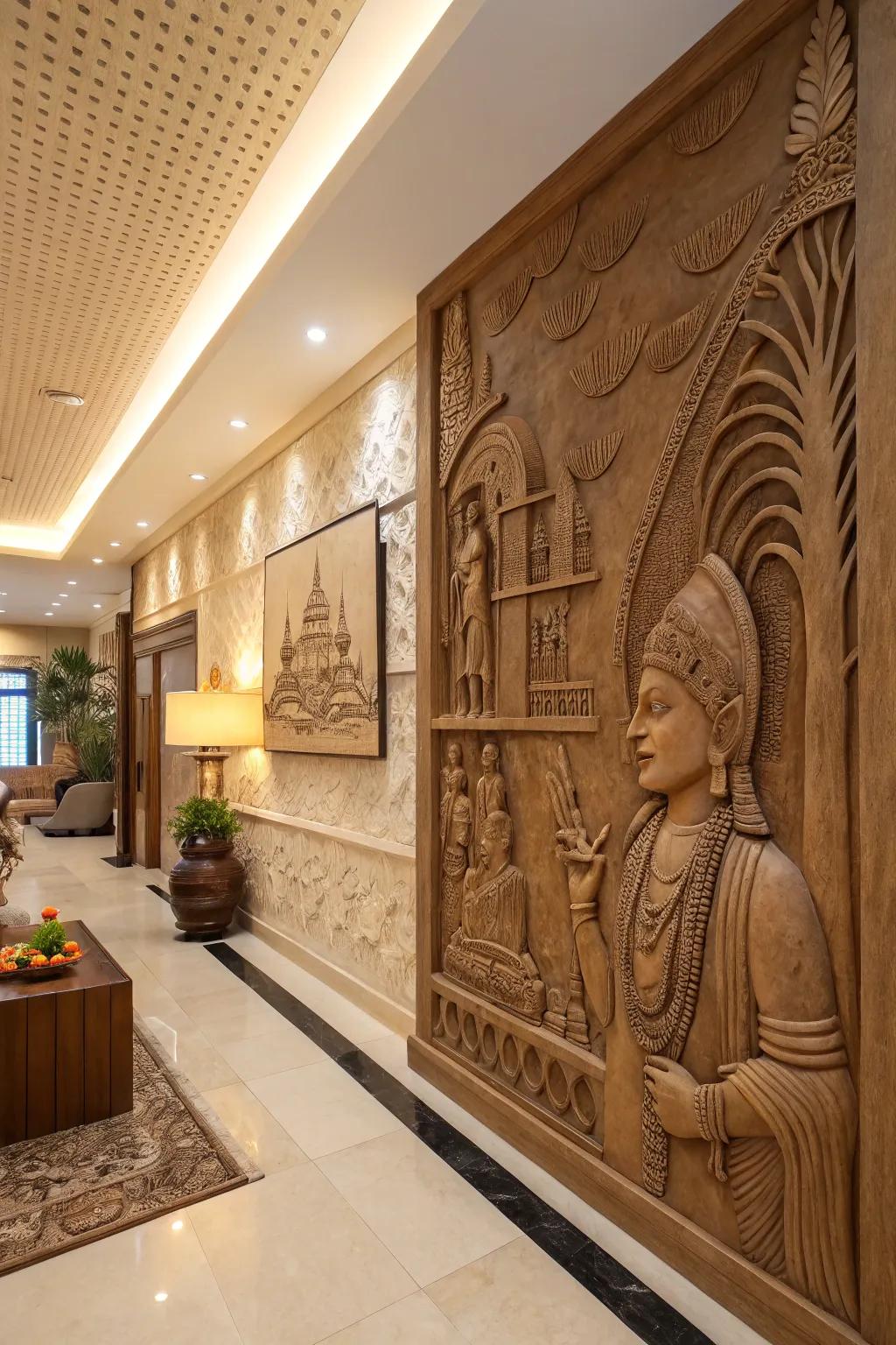 Heritage motif clay relief sculpture, celebrating tradition and variety.