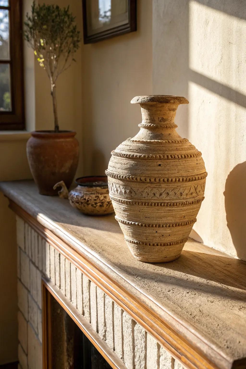 An earthenware flower holder with layered surfaces that produce profundity and visual interest.