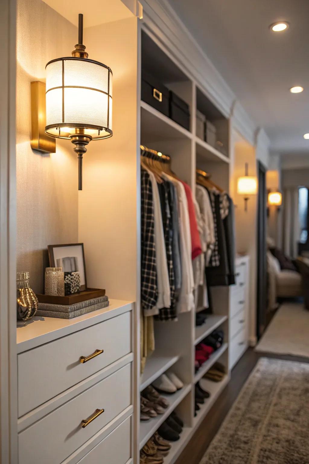 Wall lights contribute ambient lighting and charm to your closet area.