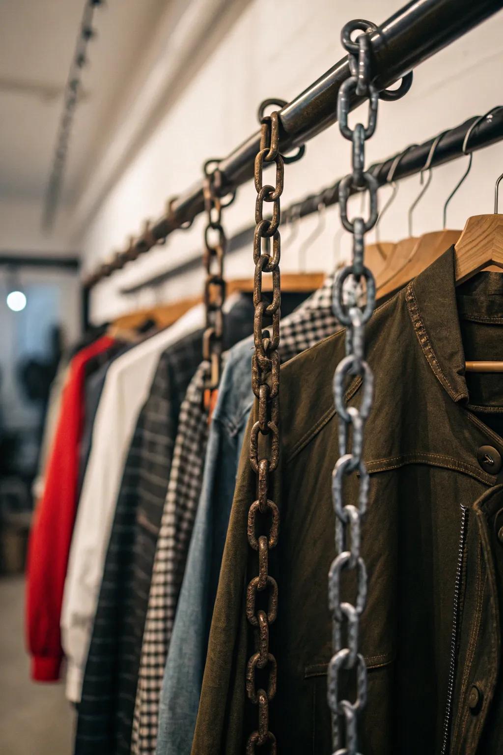 Chains offer adaptable height solutions in shared closet environments.