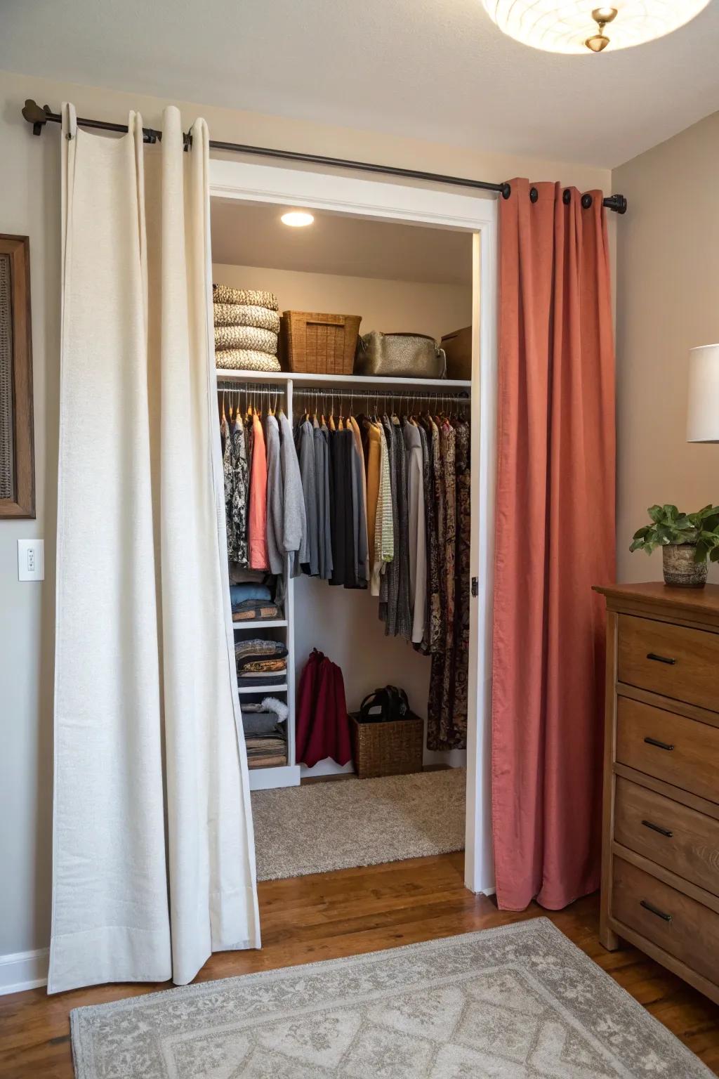 Drapes replace doors, delivering an open and spacious closet.