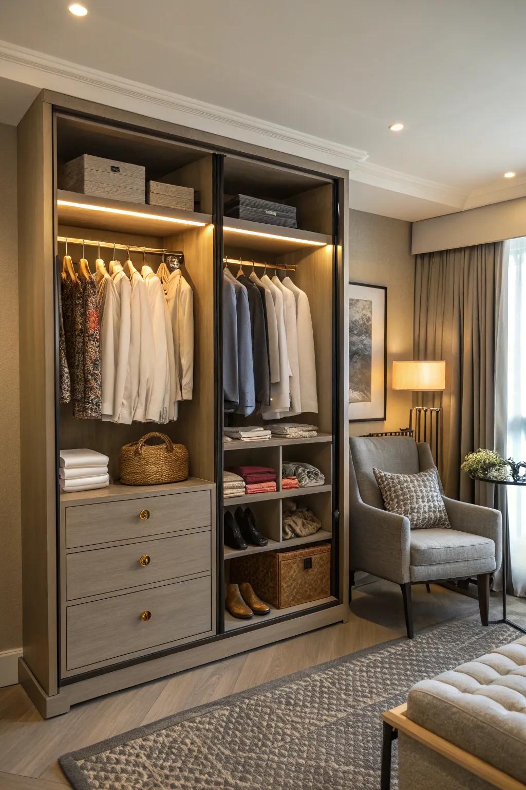 Wardrobe units provide versatile and structured storage.
