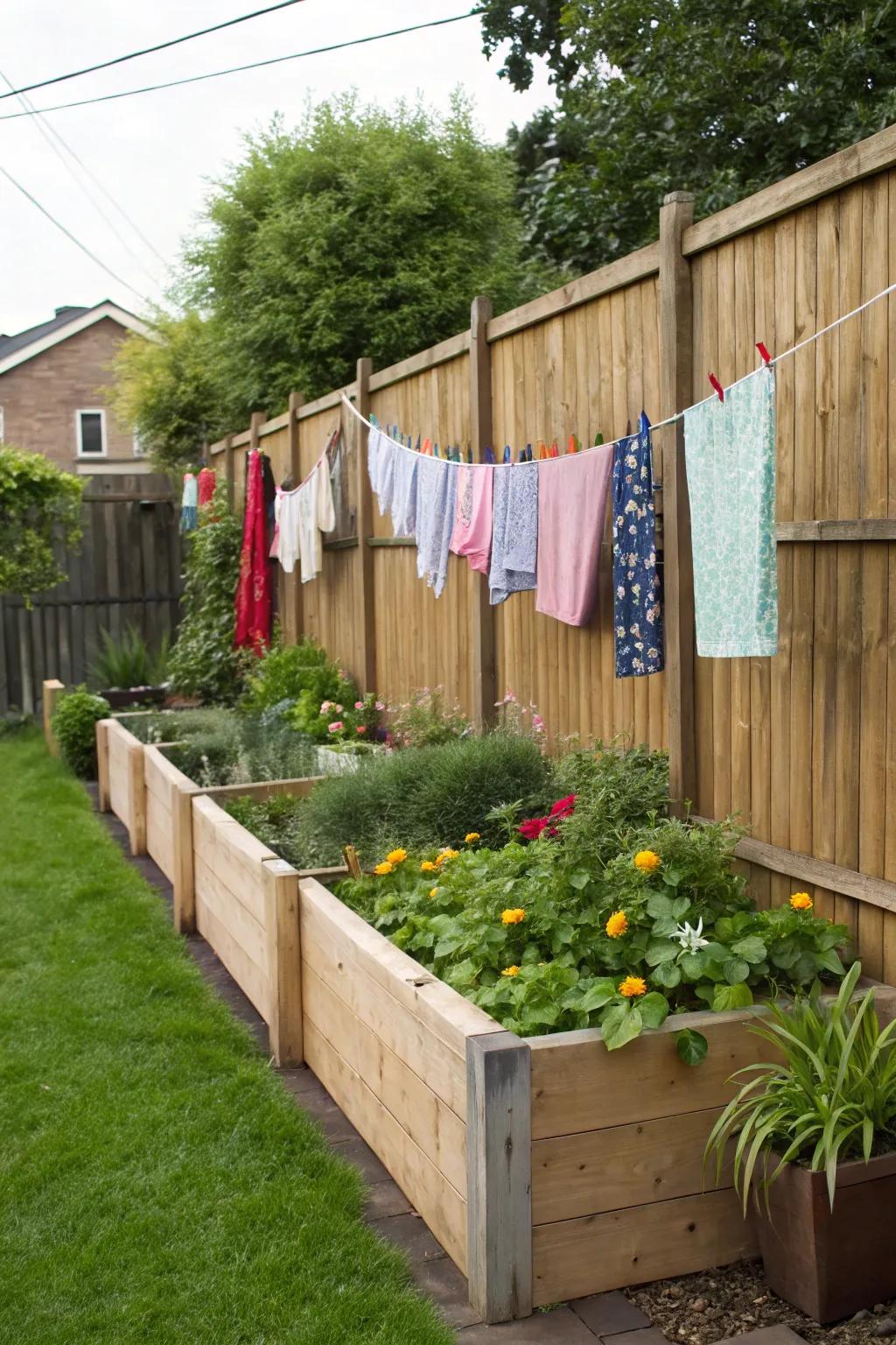 A garden fence doubles as a practical clothesline support.