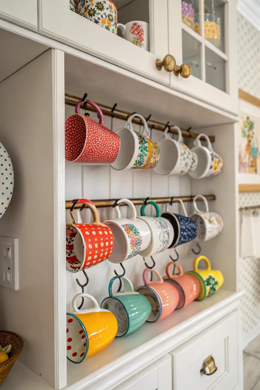 Hooks for mugs contributing both functionality and visual appeal.