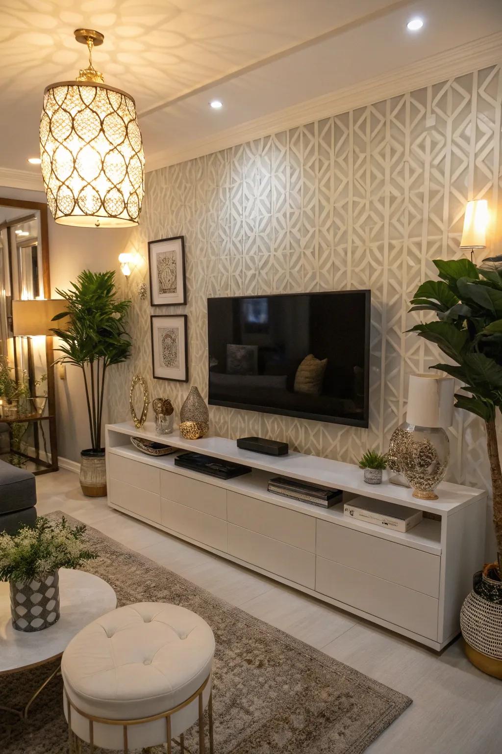 A modern entertainment center featuring a flat-screen TV and stylish decor.