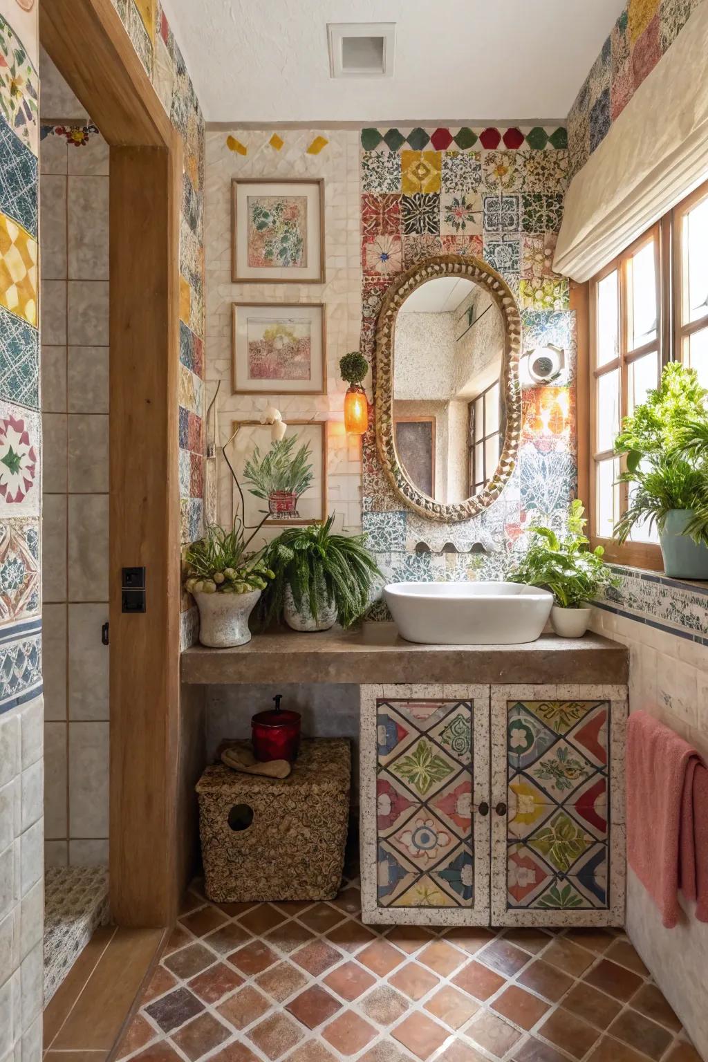 Textured tiles impart dimension to this colorful powder room.