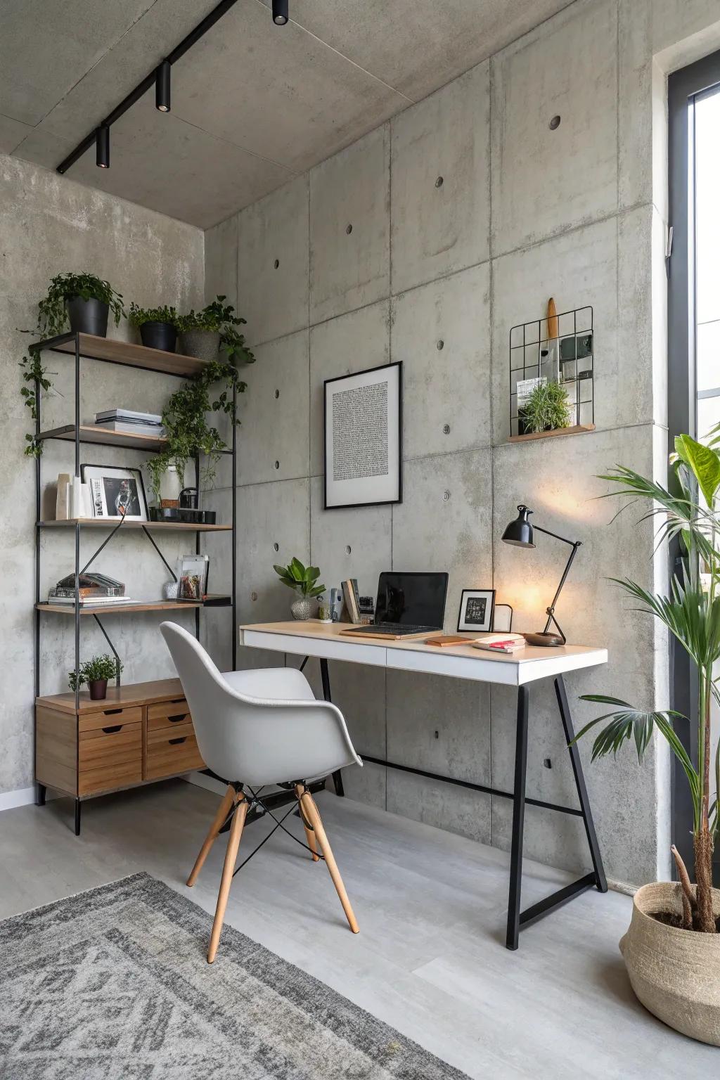 A concrete backdrop adds sophistication to home office spaces.