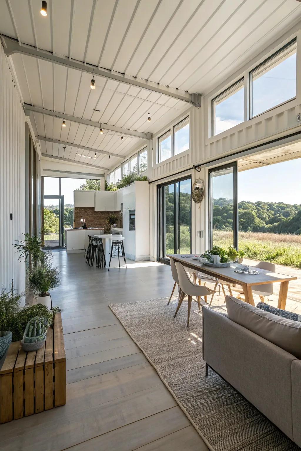 A container home with an airy and open layout.