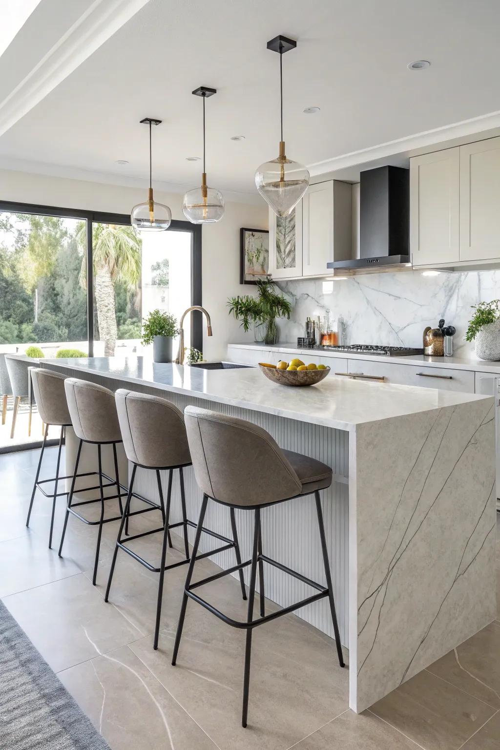 Functional seating around the island enhances social interaction.