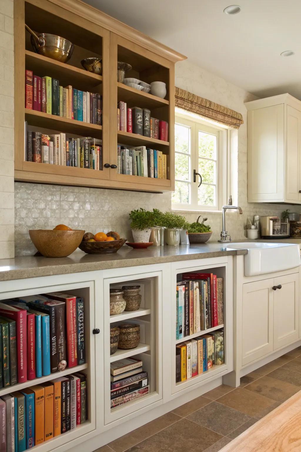 Maximize kitchen space with imaginative cookbook arrangement.