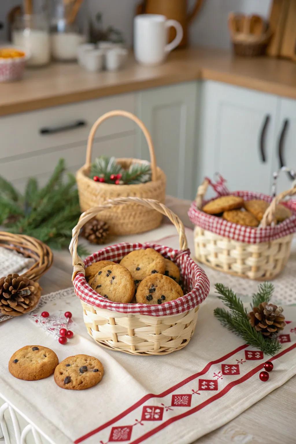 Diminutive baskets deliver an endearing, welcoming wrapping choice.
