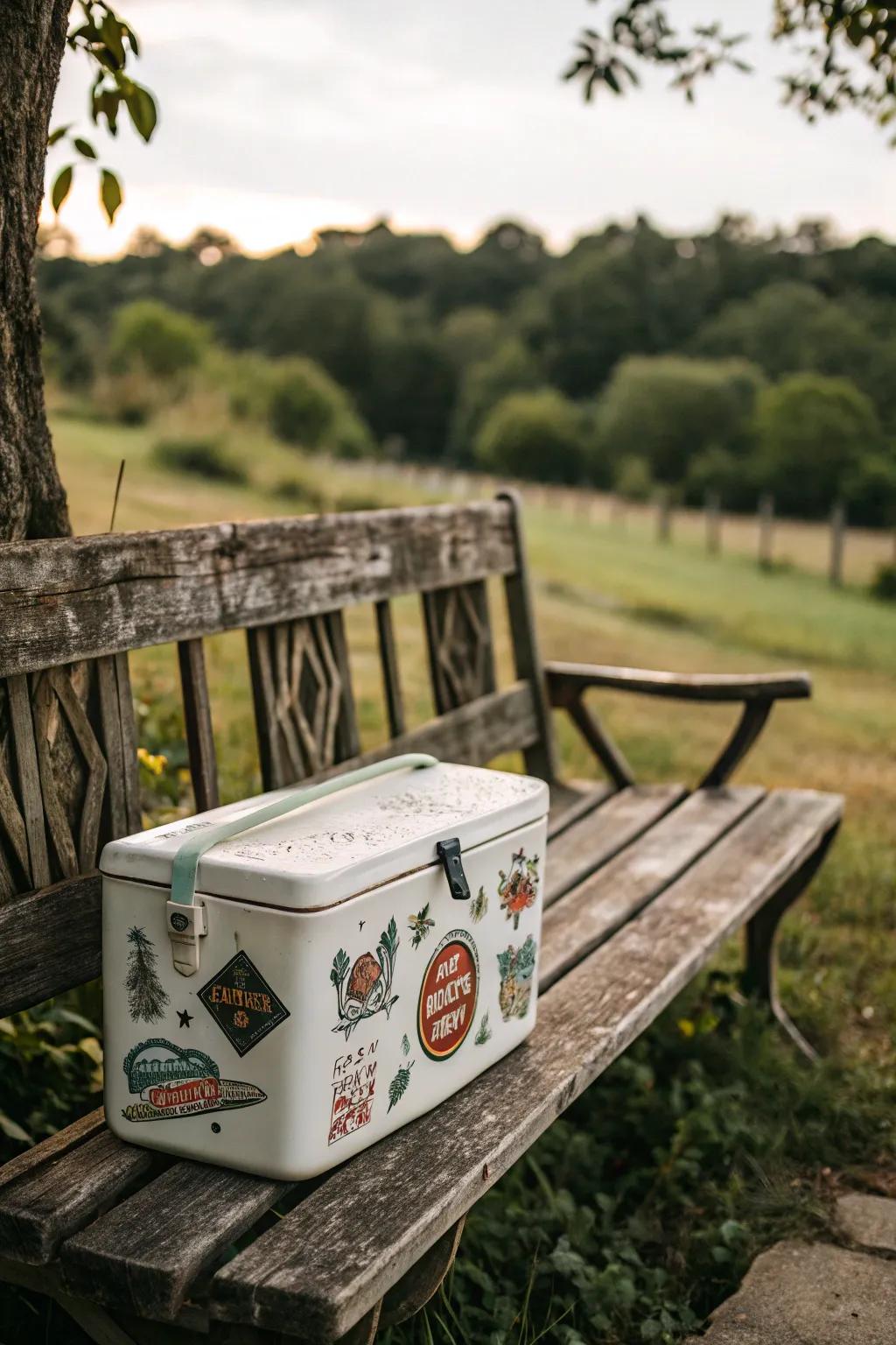 A cooler with vintage stickers for a retro feel.