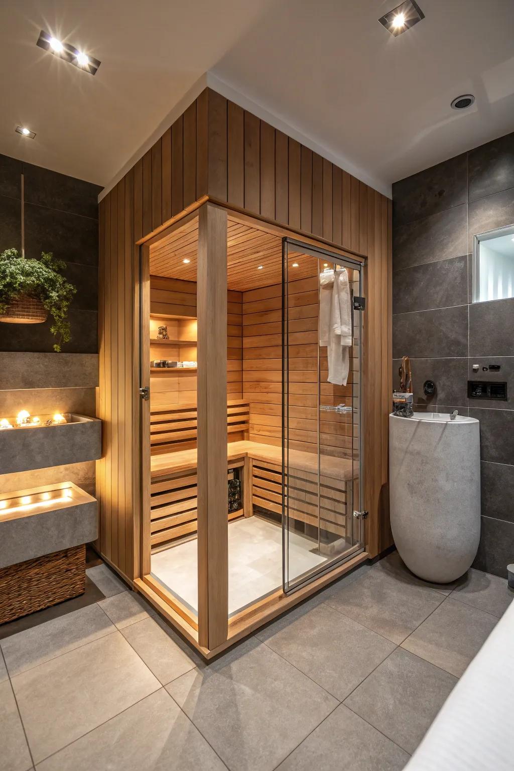 A corner hot room offers a personal spa experience at home.