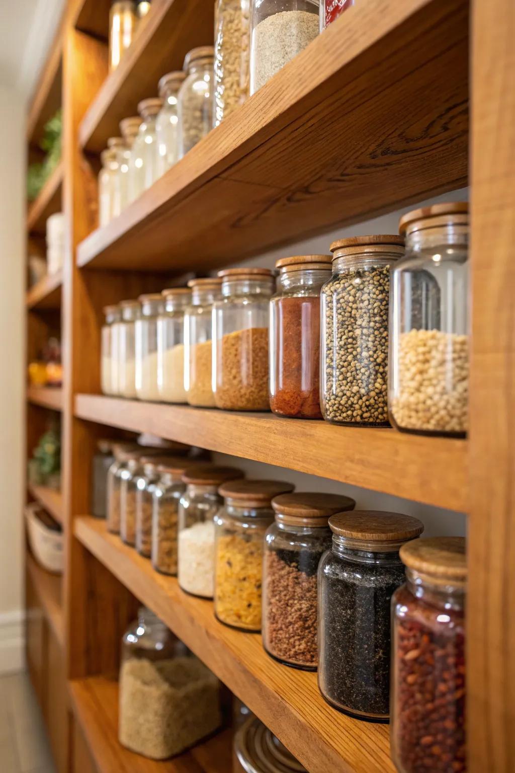 Glass canisters in a corner pantry for see-through storage.