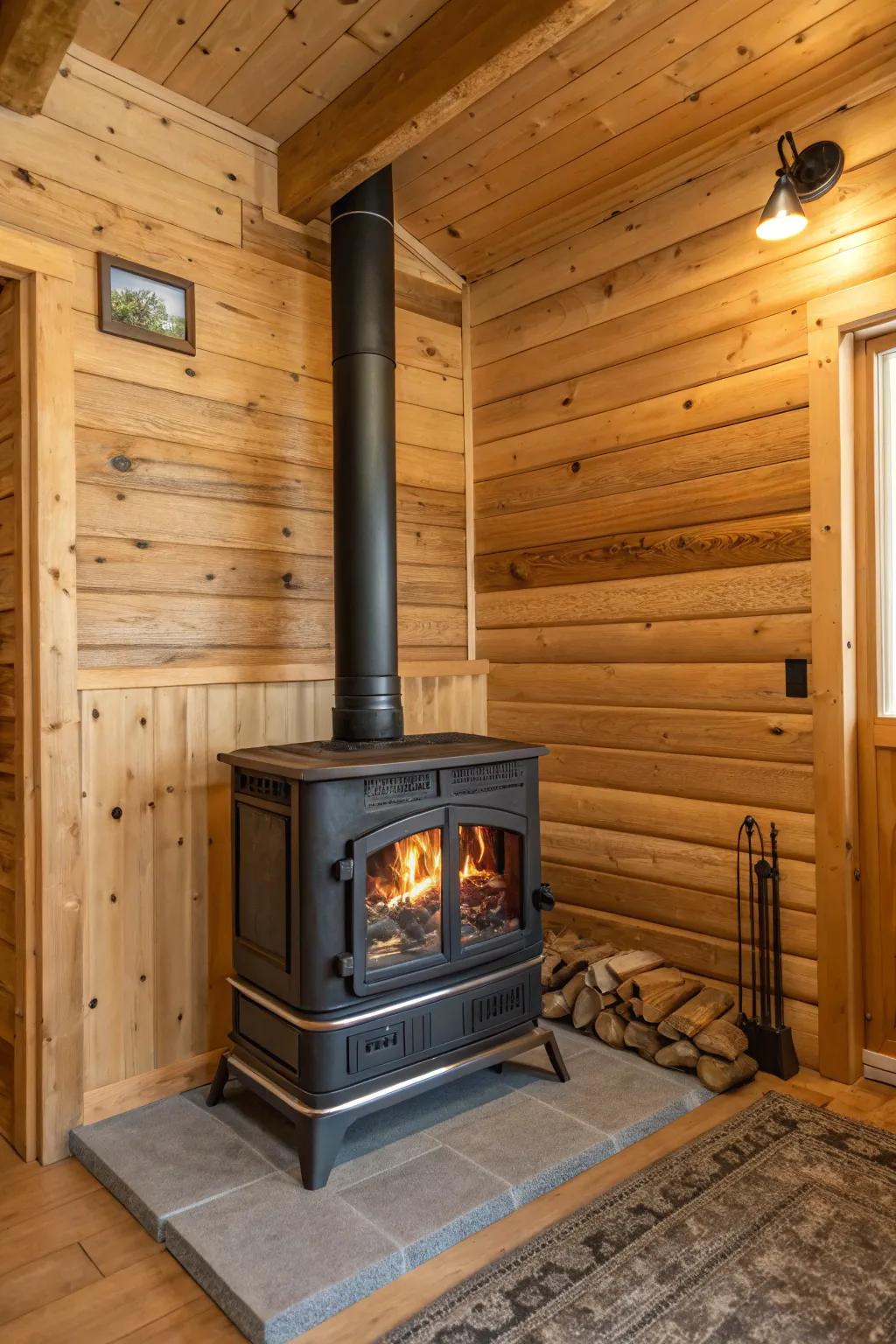 Organic wood wall covering provides a pleasant, cabin-like environment.