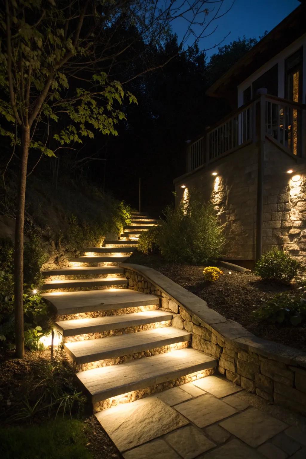 Subtle stairway lights ensuring safety and style.