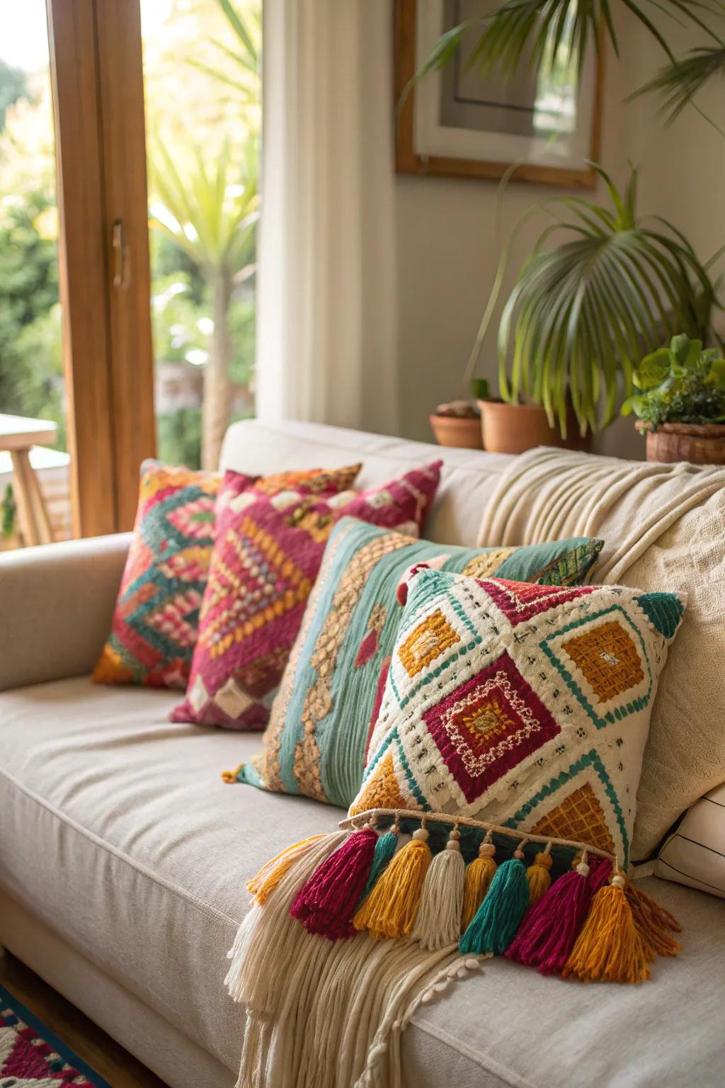 Bohemian cushions bring a relaxed, eclectic charm.