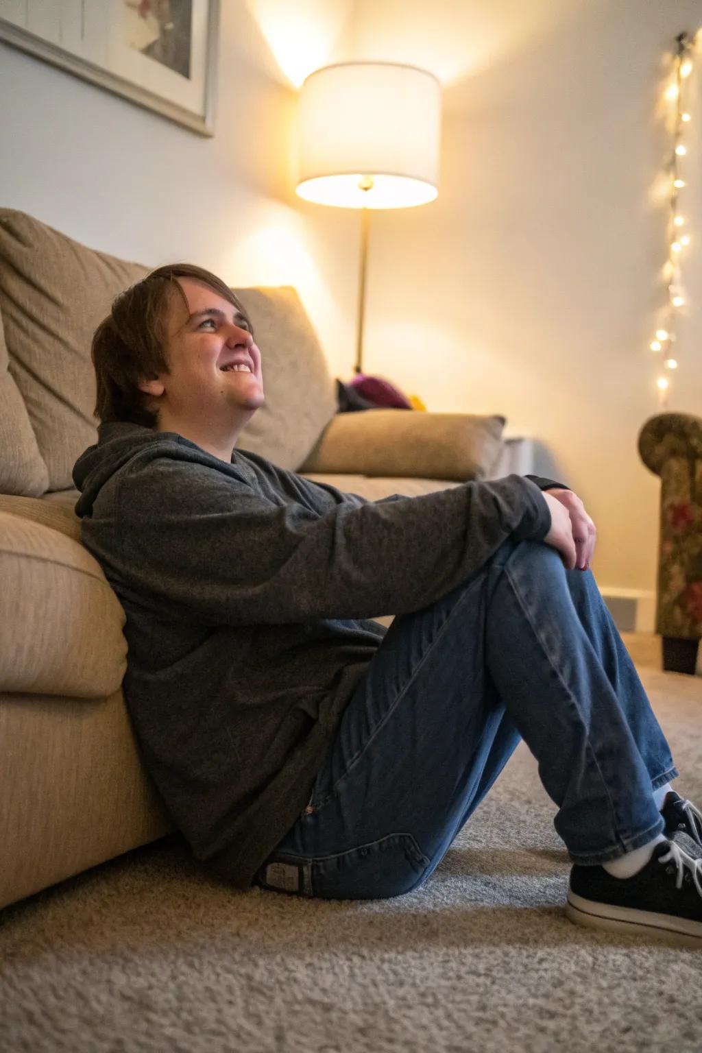 A floor-to-couch setup that evokes a relaxed and inviting atmosphere.