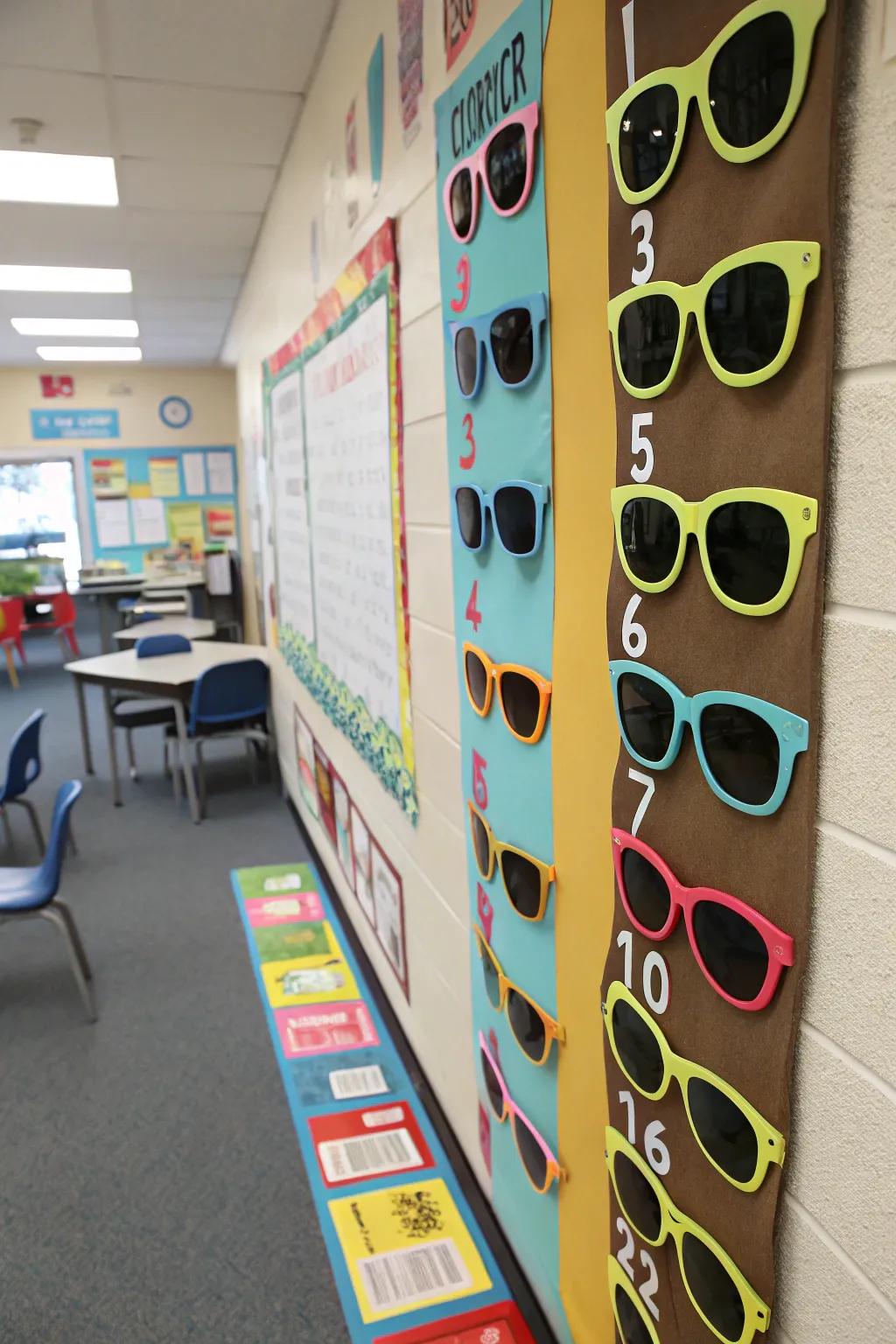 Tinted spectacles countdown conveying cool atmospheres to the educational setting.