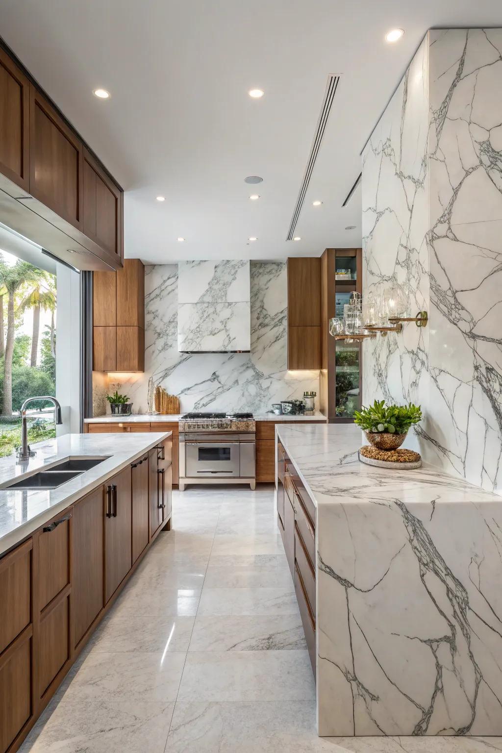 Marble backsplashes offer luxurious elegance and singular veining.