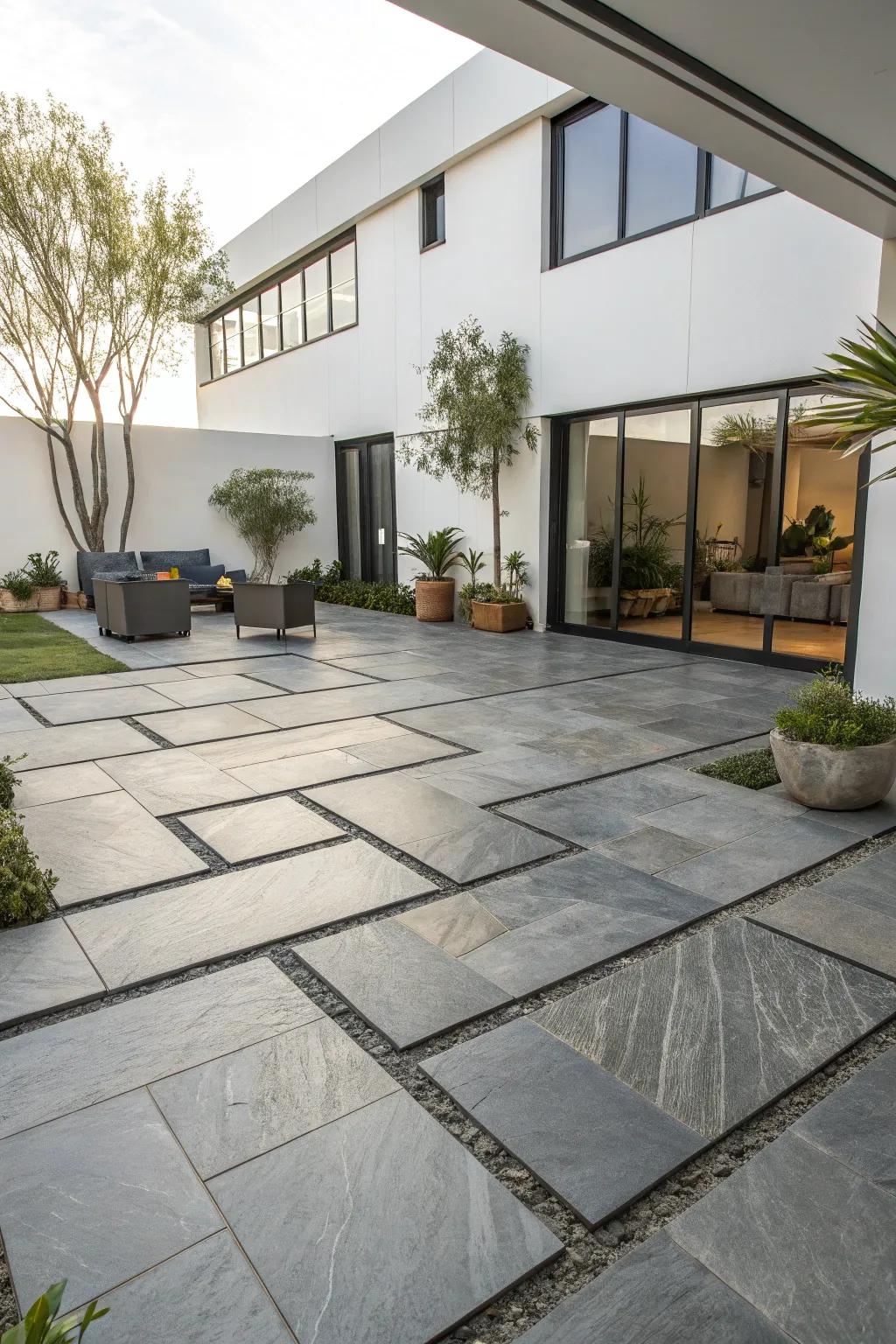 Opt for large-format tiles to realize a sleek and modern courtyard.