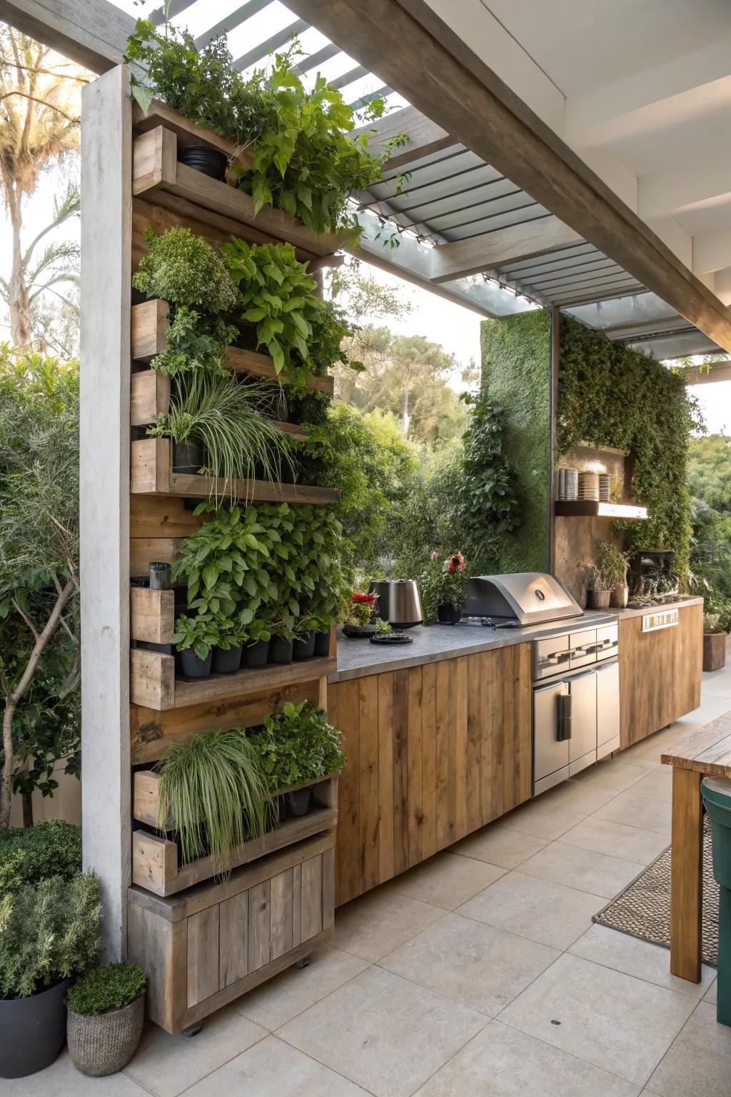 Vertical planters add a fresh, green touch to your outdoor kitchen oasis.