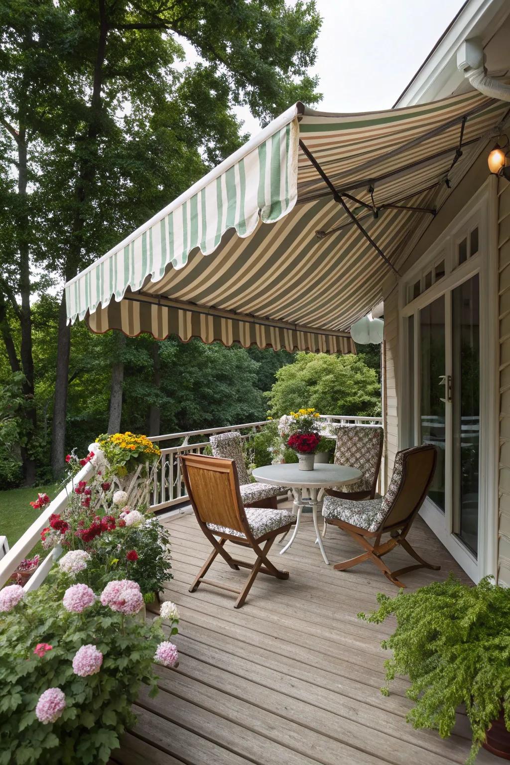 A charming vintage awning-covered deck for a nostalgic feel.