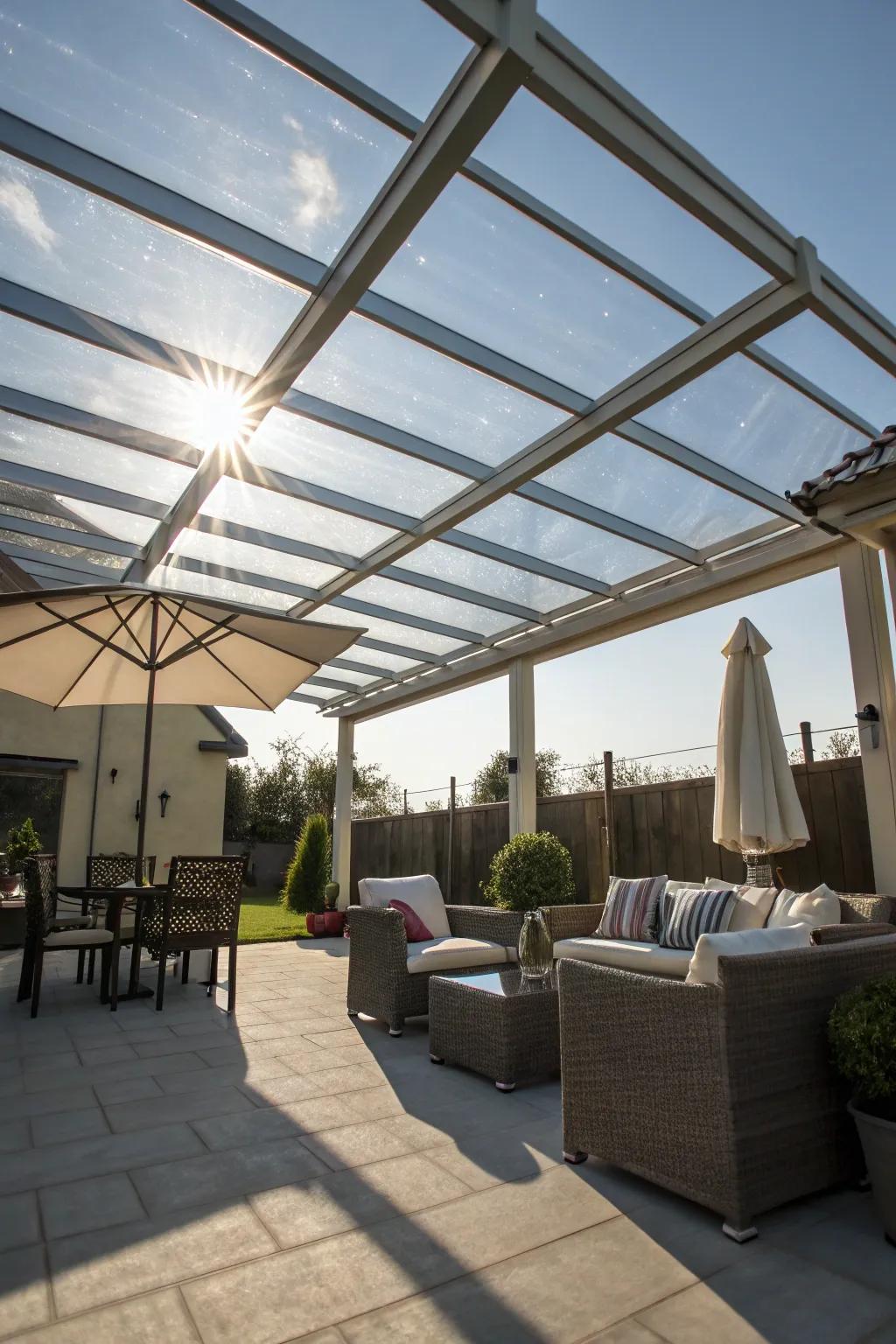 A see-through top structure permits light and impedes UV rays, brightening your patio.
