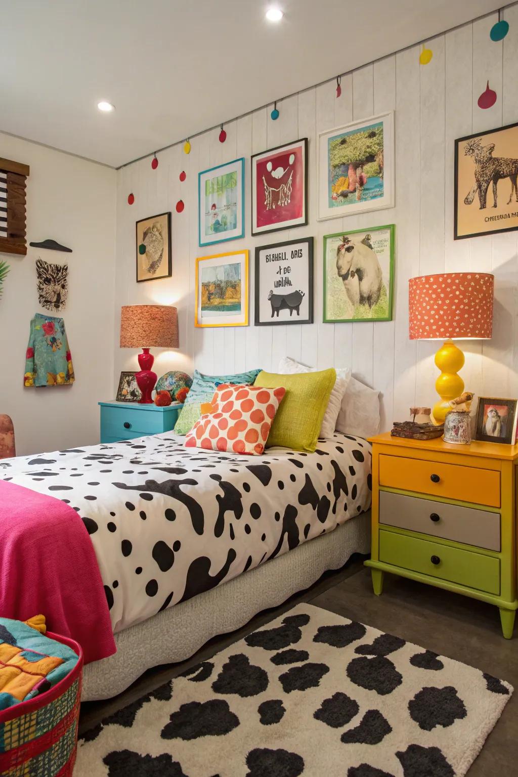 Bright colors and spotted bovine create a lively and eclectic space.