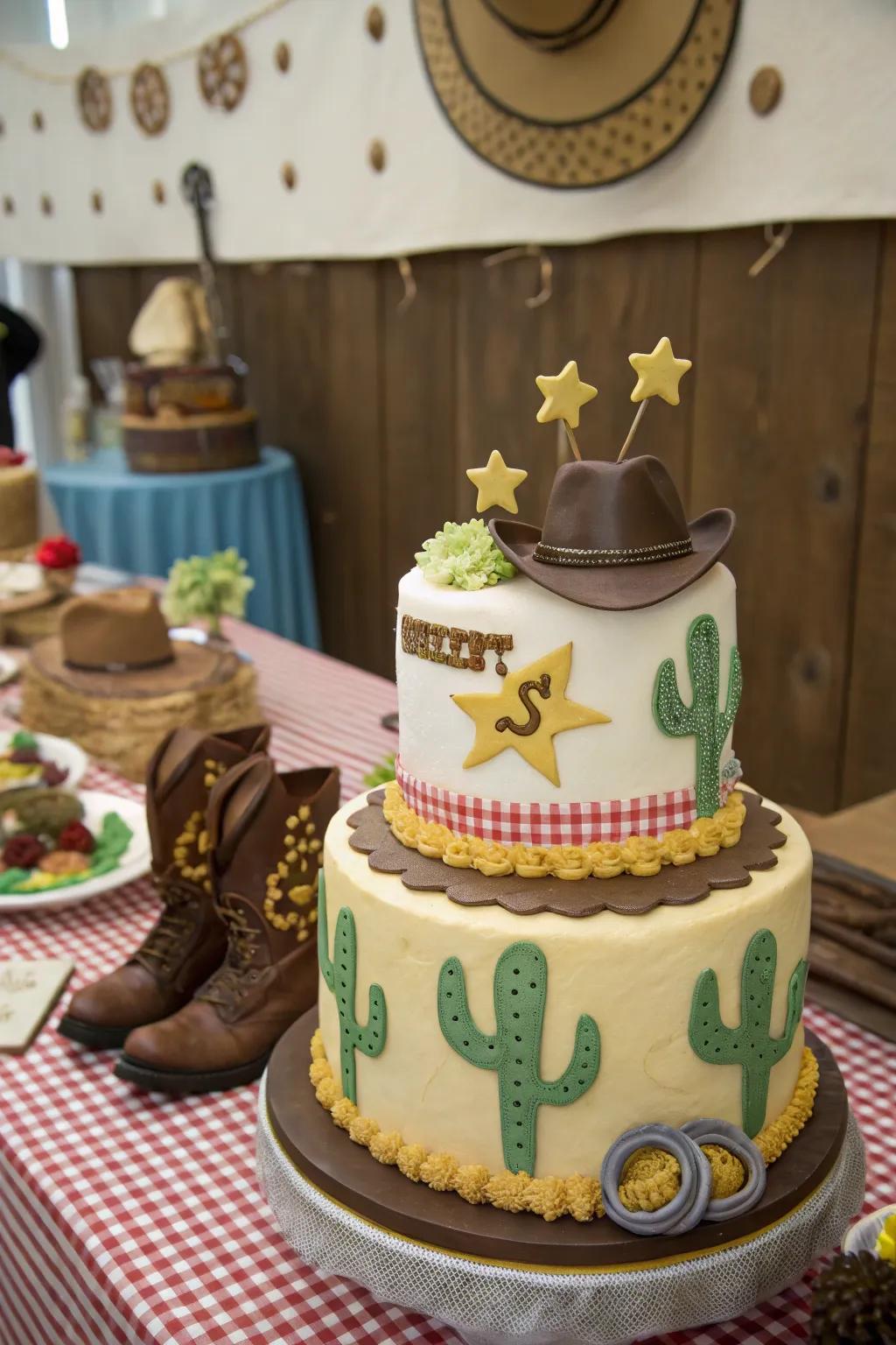 A sheriff metal imparts a playful Wild West twist to this cowgirl cake.