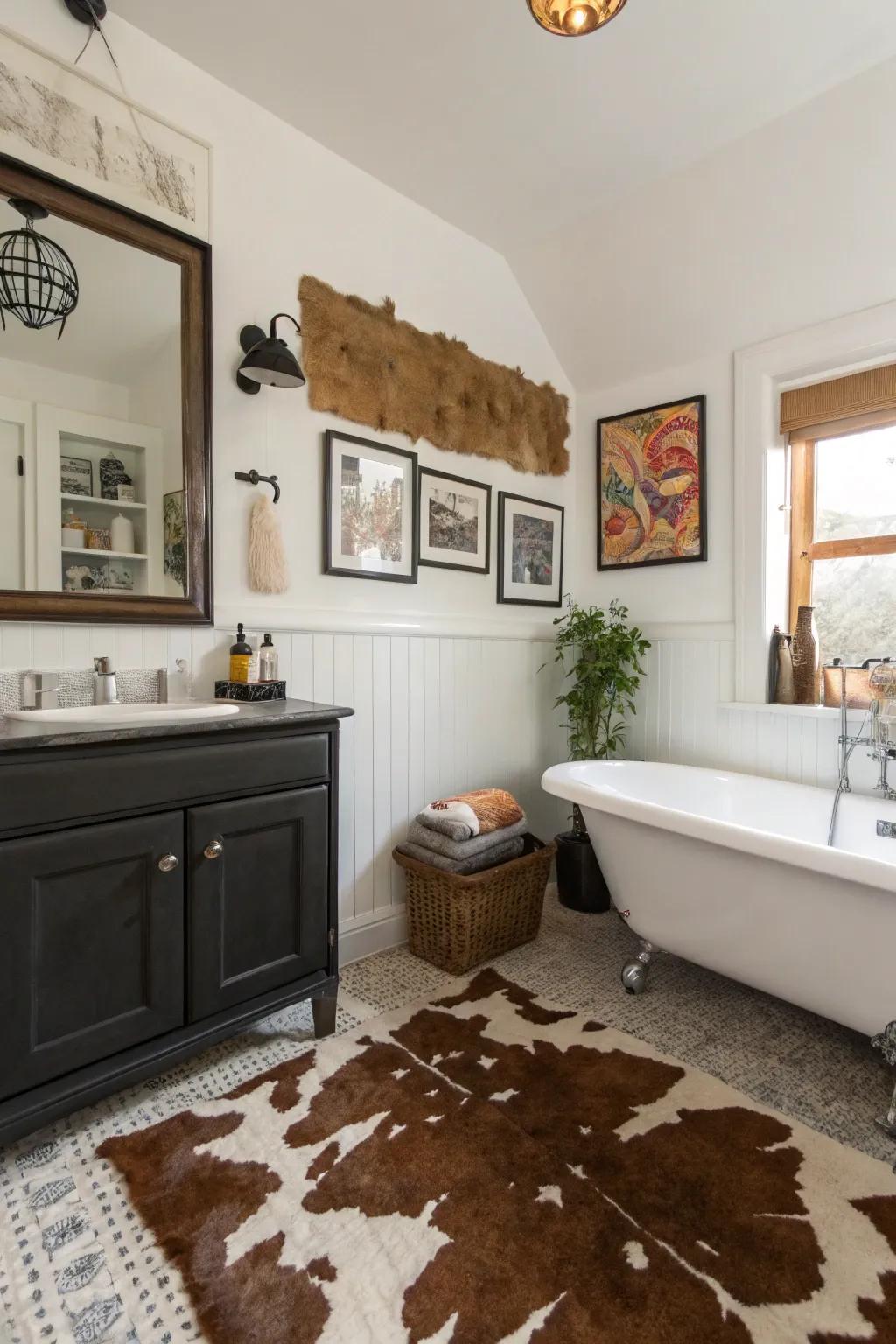 An eclectic bathroom featuring cowhide wall decor.