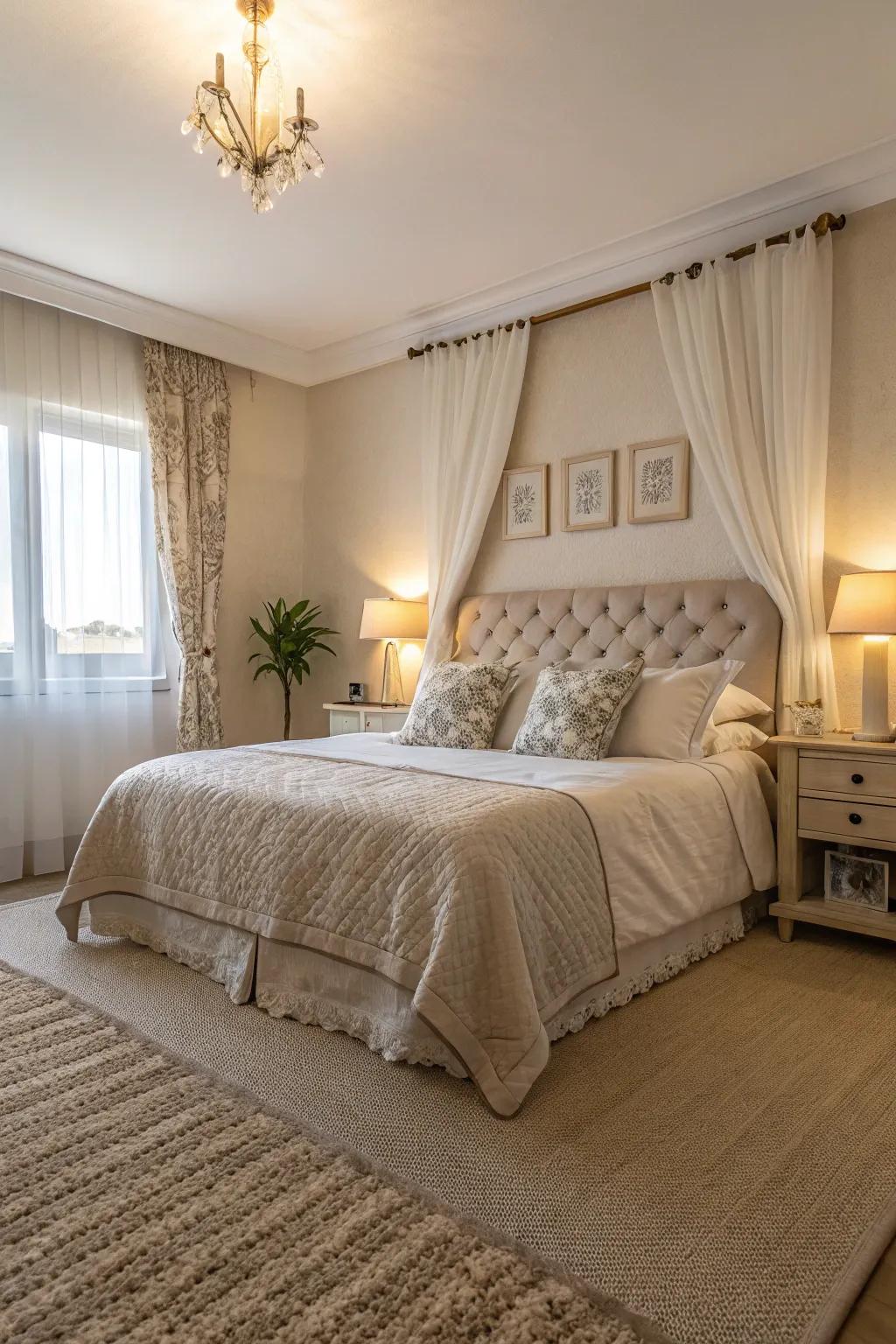 A bedroom featuring a calming cream floor covering and an understated, soothing decor.