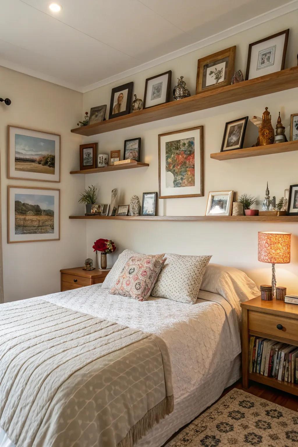 Personalized works and ornaments add persona and charm to the bedroom.