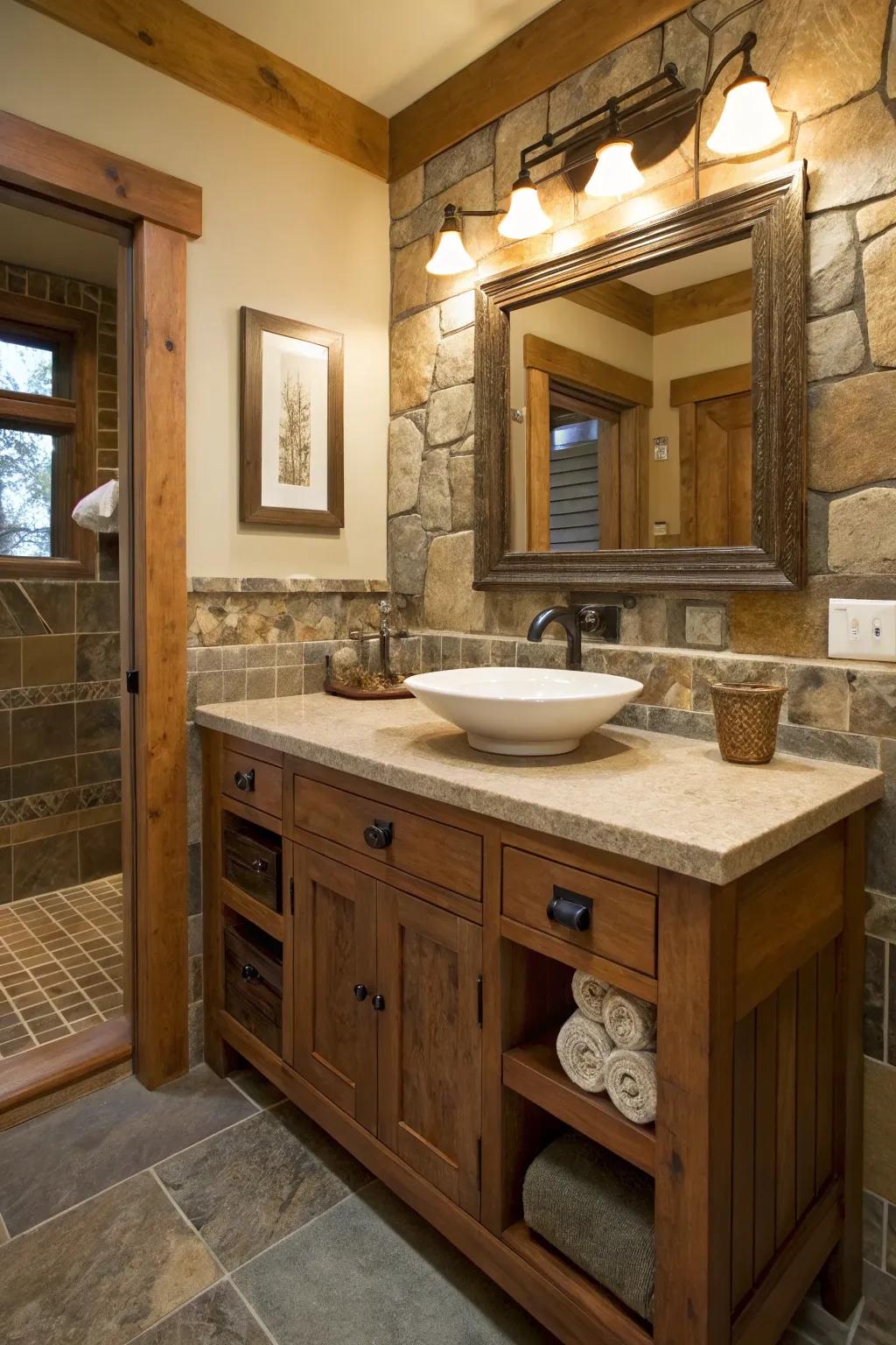 Natural stone countertops adding elegance to the craftsman bathroom.