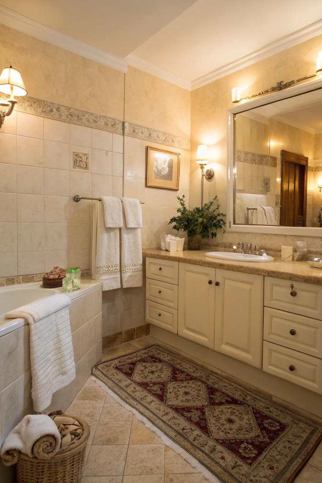 Warm lighting creates an inviting atmosphere in this cream bathroom.
