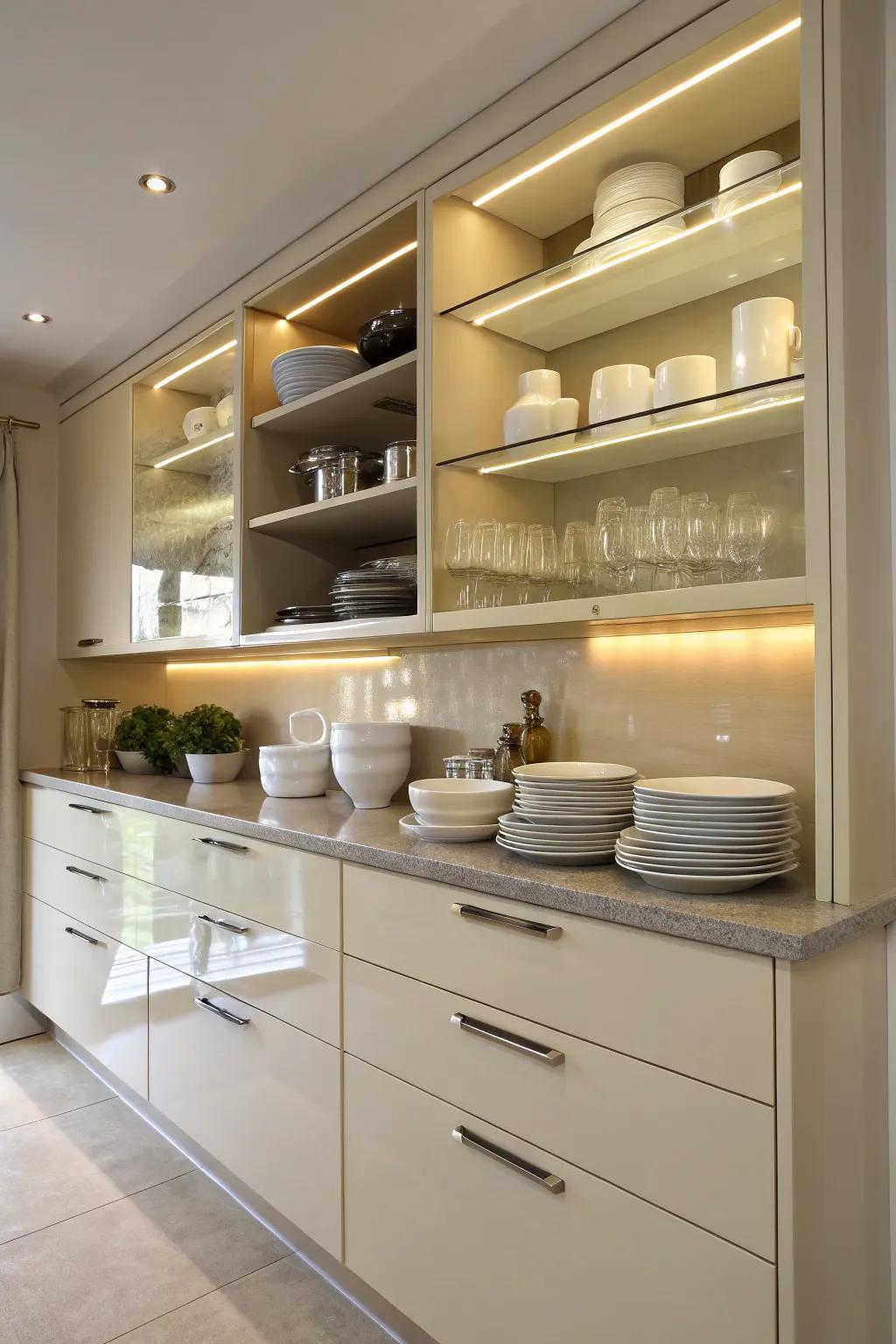 Visible shelving adding decorative and practical aspects to a cream gloss kitchen.
