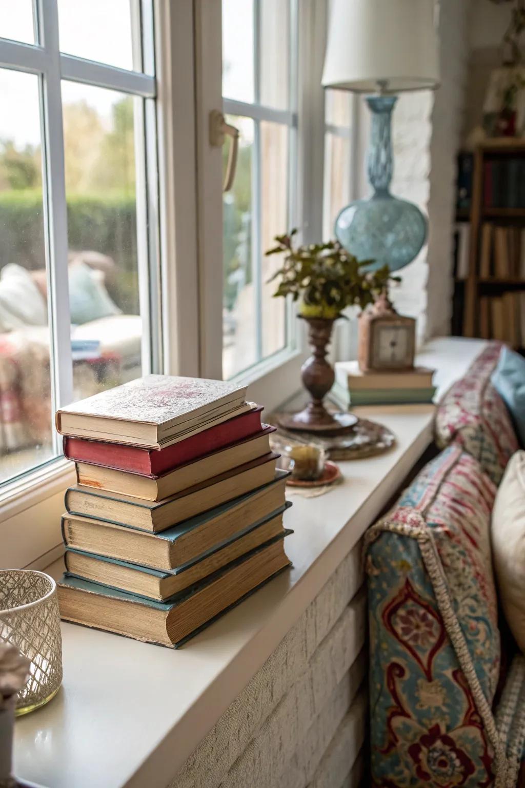 Stacks of books can function as ornamental features in any area.