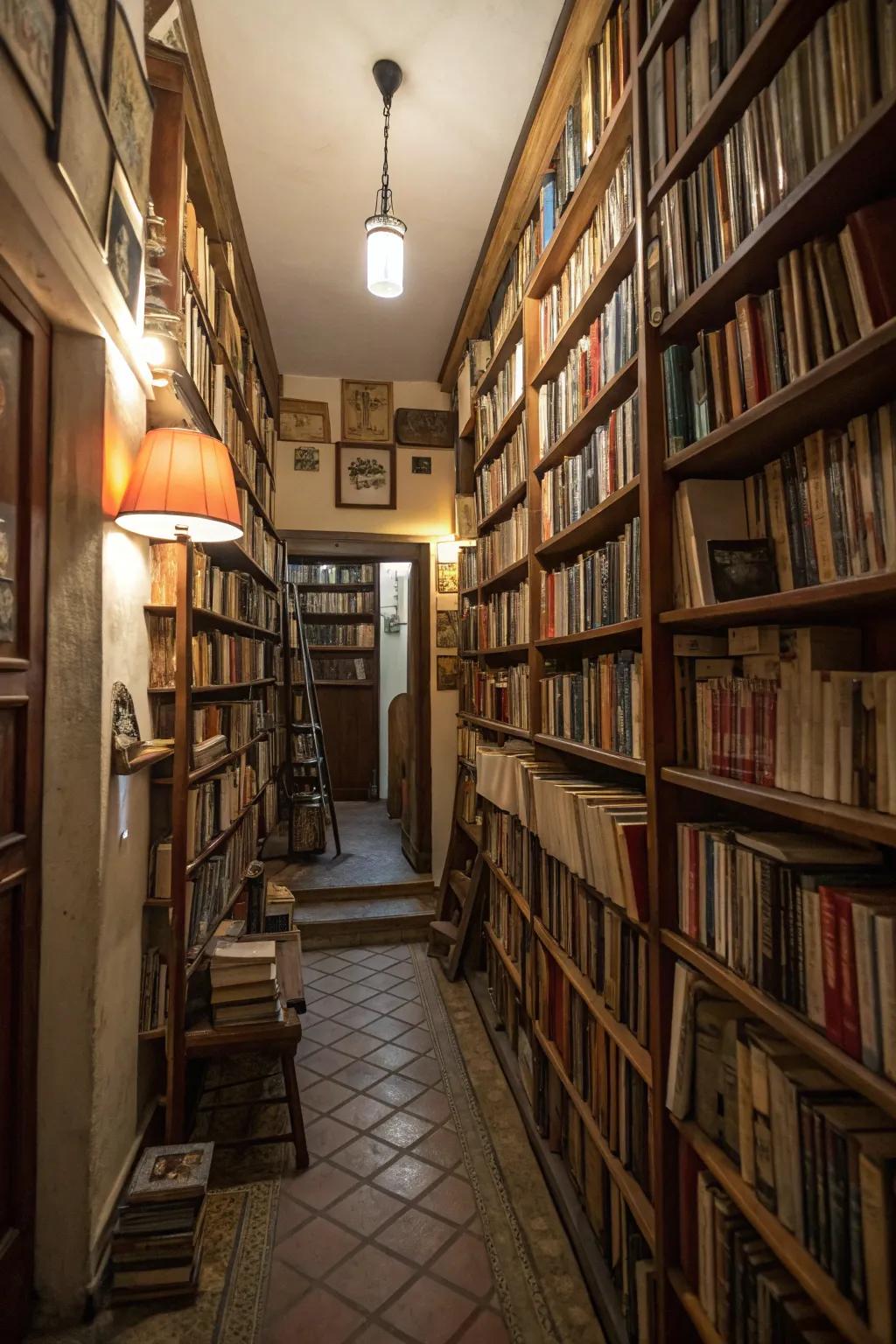 Vertical bookshelves efficiently utilize area and supply ample storage.