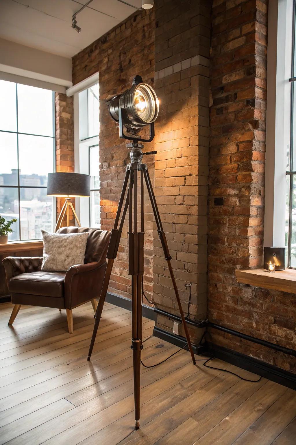 A camera tripod repurposed as a floor lamp in an elegant loft.