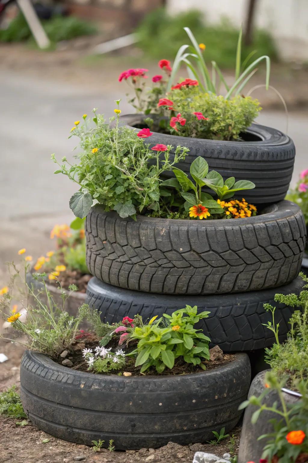 Full display with multi-layered planting in tires.