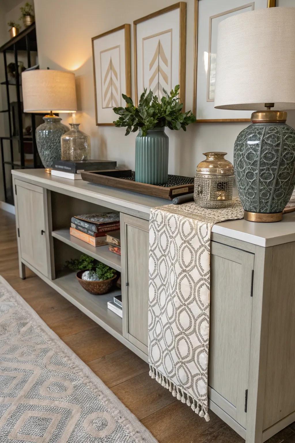 A credenza softened with a decorative runner.